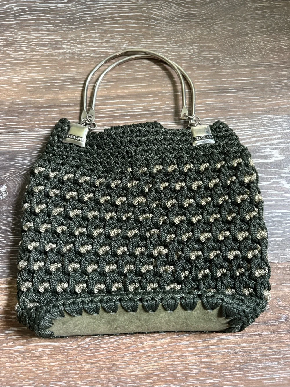Dark Olive Crochet Shoulder Bag with Gold Hardware